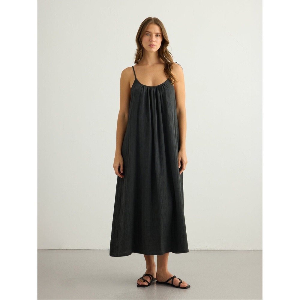 Handloom Kaya Tie Strap Maxi Dress Charcoal Grey Crinkle Cotton Gauze M/L